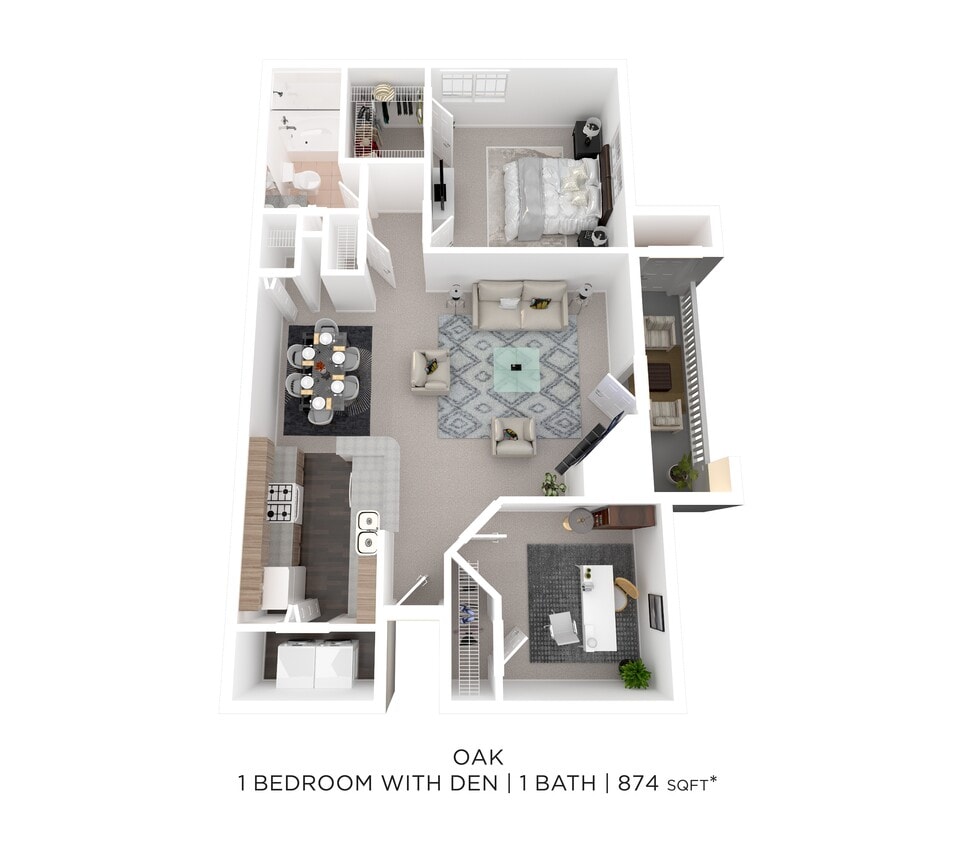 Floor Plan - One Bedroom 1 Bath w/Den - 874 sqft