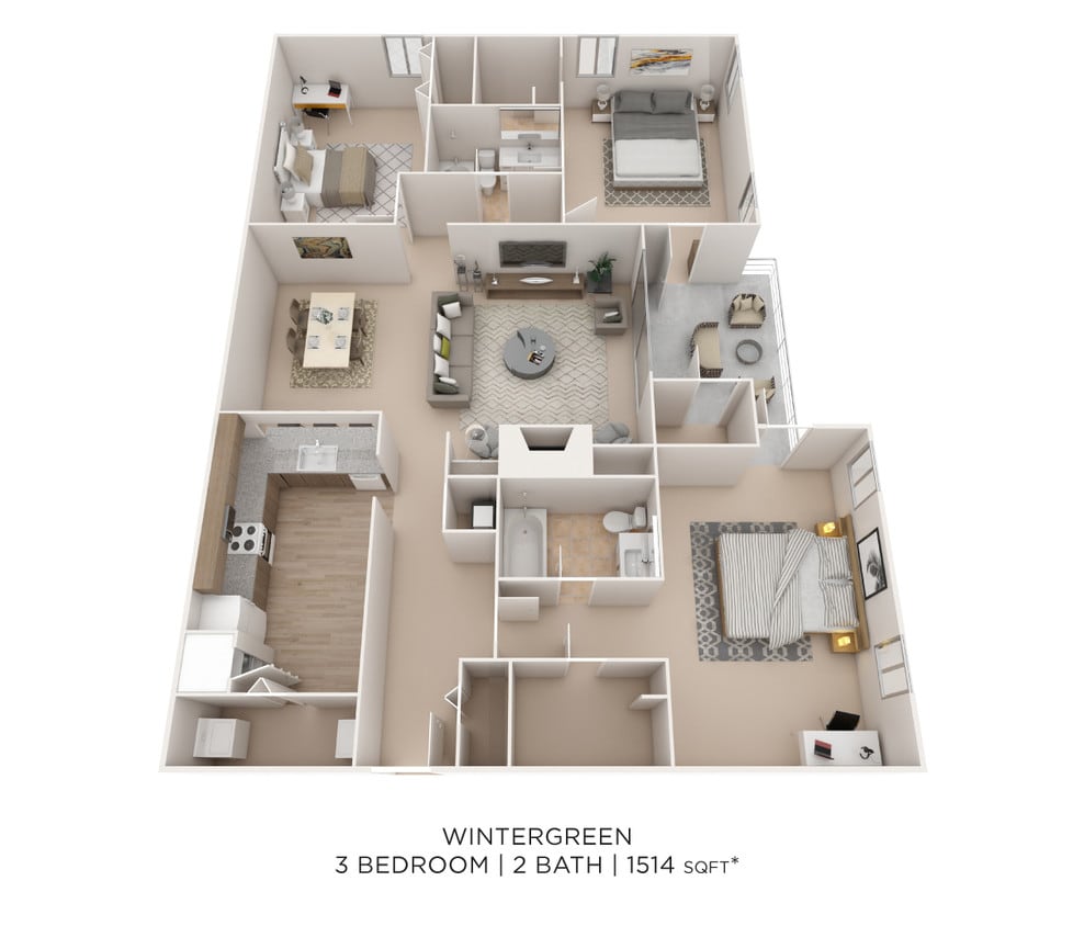 Floor Plan - Three Bedroom 2 Bath - 1,524 sqft