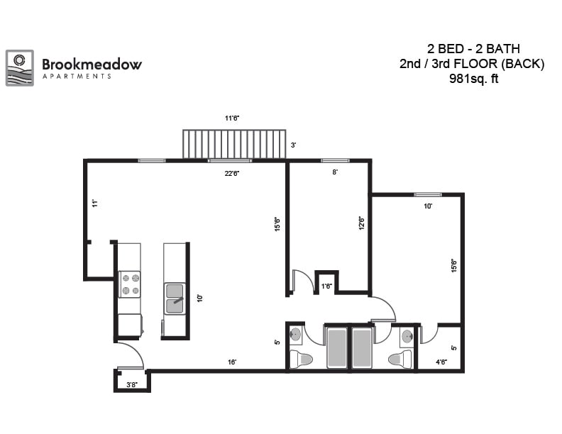 Floor Plan - 2 Bed, 2 Bath - 981 sq ft