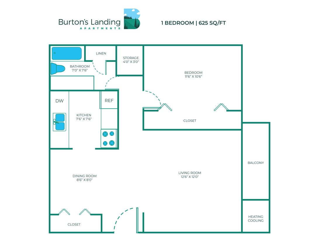 Floor Plan - 1 Bed, 1 Bath - 625 sq ft