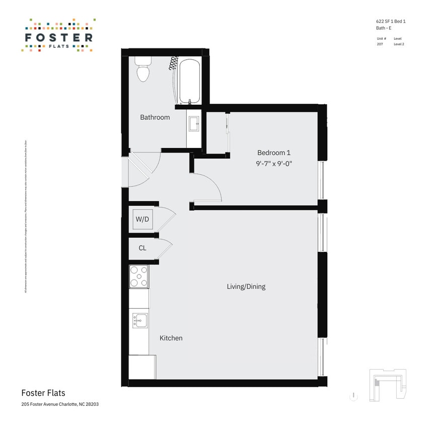 Floor Plan - 1 Bed 1 Bath - E 