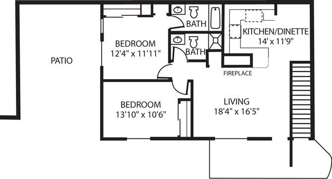 Floor Plan - 2 Bed, 2 Bath Lower (B)