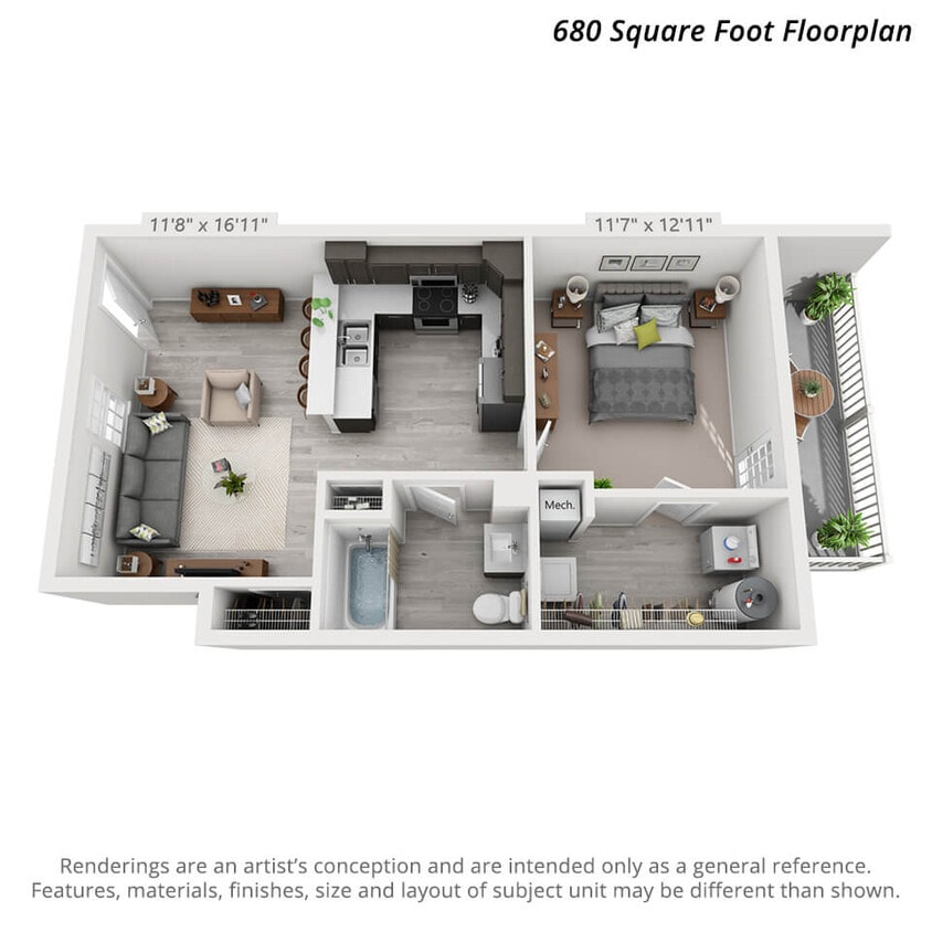 Floor Plan - 1 Bedroom First Level - 680sf