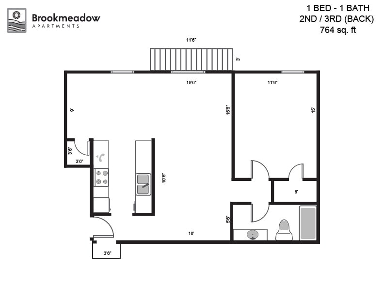 Floor Plan - 1 Bed, 1 Bath - 828 sq ft