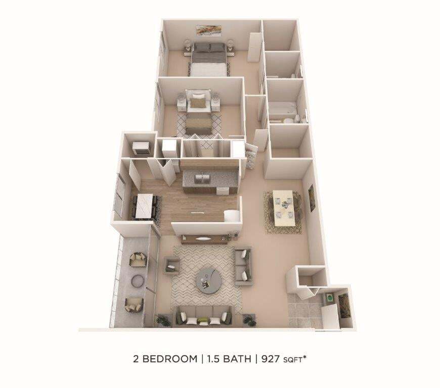 Floor Plan - Two Bedroom 1.5 Bath - 927 sqft