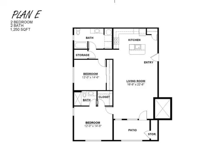 Floor Plan - Plan E - 2 bed 2 bath
