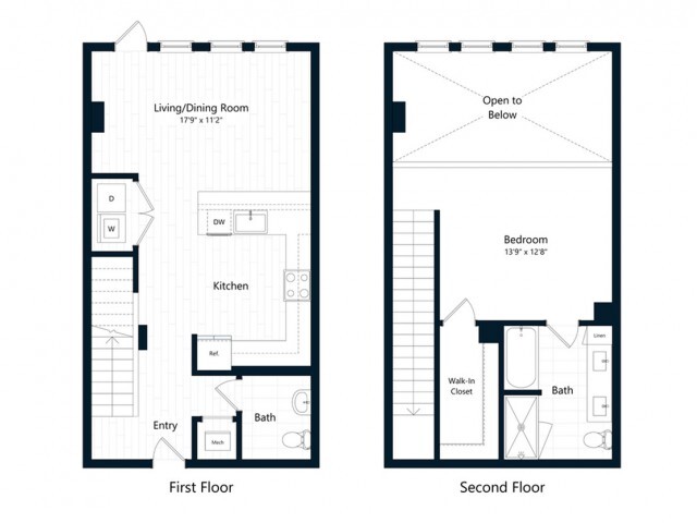 Floor Plan - One Bedroom One Bath Loft (988 SF)