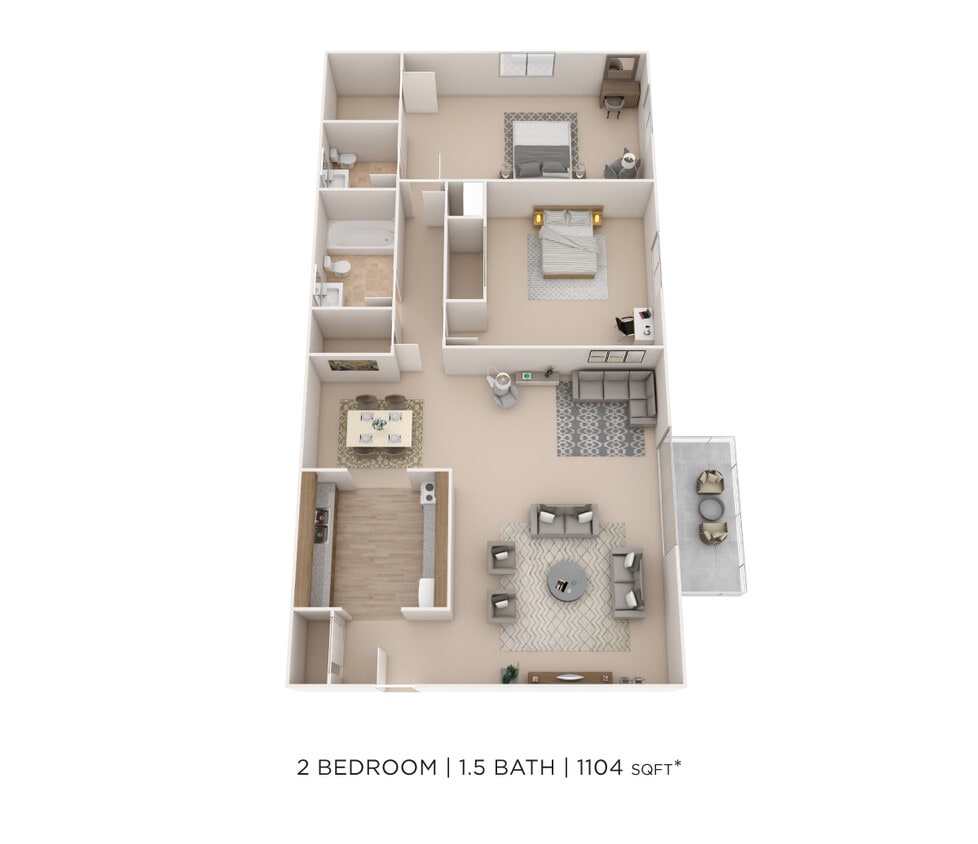 Floor Plan - Two Bedroom 1.5 Bath- 1,104 sqft