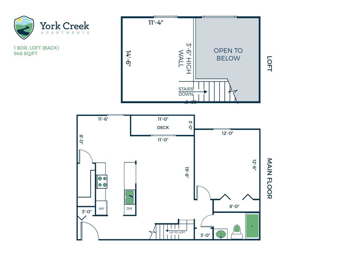 Floor Plan - 1 Bed, 1 Bath Loft - 949 sq ft