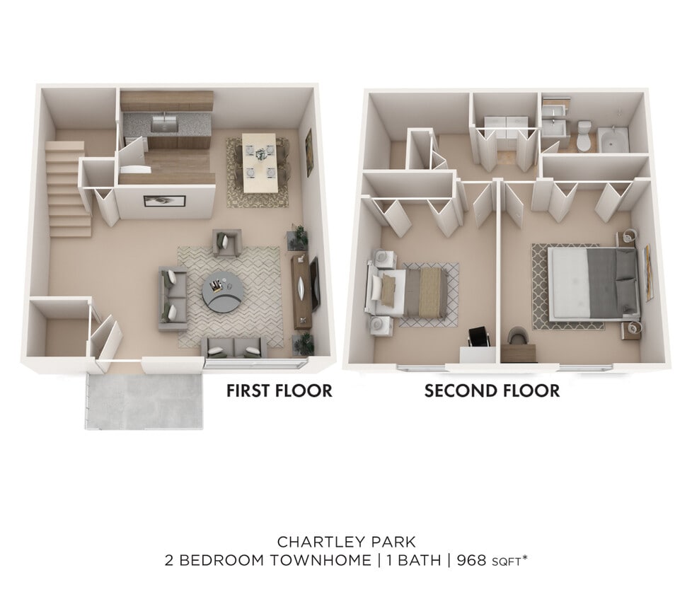Floor Plan - Two Bedroom Townhome - 968 sqft