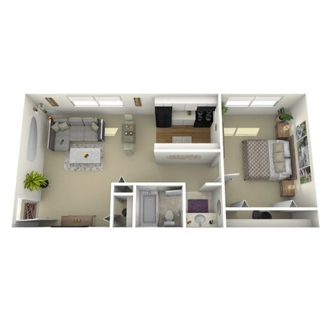 One bedroom, one bath, 650 square foot floor plan - A1