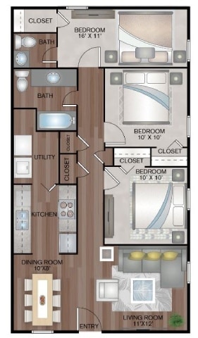 Floor Plan - Three Bedroom, One and Half Bath