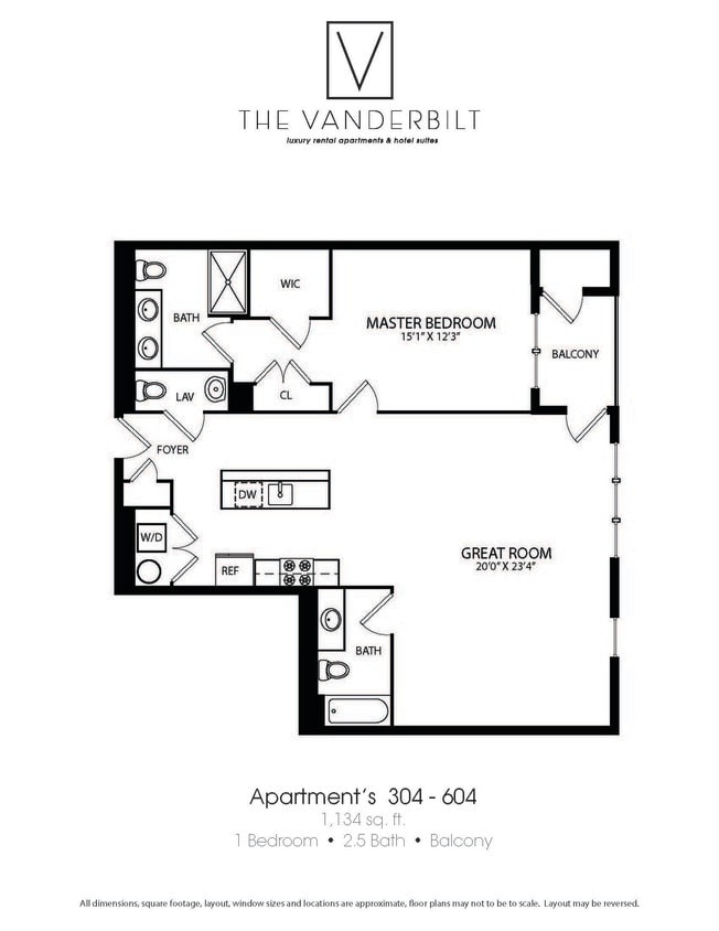 Floor Plan - 1 Bed - 2.5 Bath - Balcony