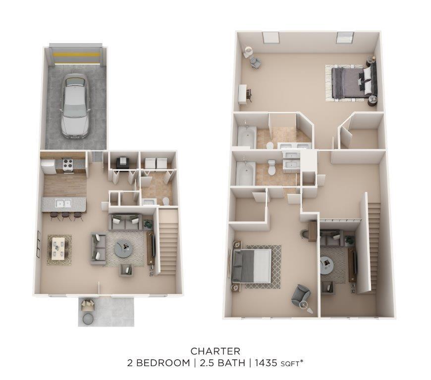 Floor Plan - Two Bedroom 2.5 Bath Townhome - 1,435 sqft