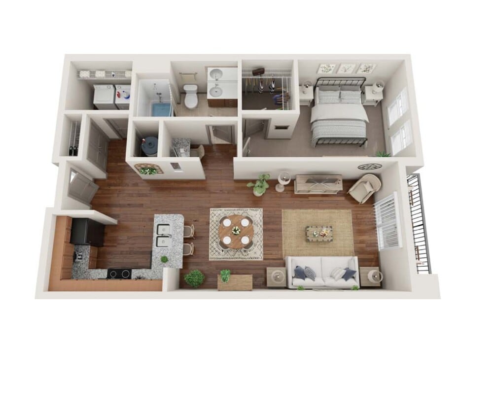 The Miami is a stylish 1-bedroom, 1-bath apartment with granite counters, a spacious walk-in closet, and full-size appliances. Featuring a private patio and built-in desk, it's a perfect choice for those seeking a mix of style and function. - The Miami