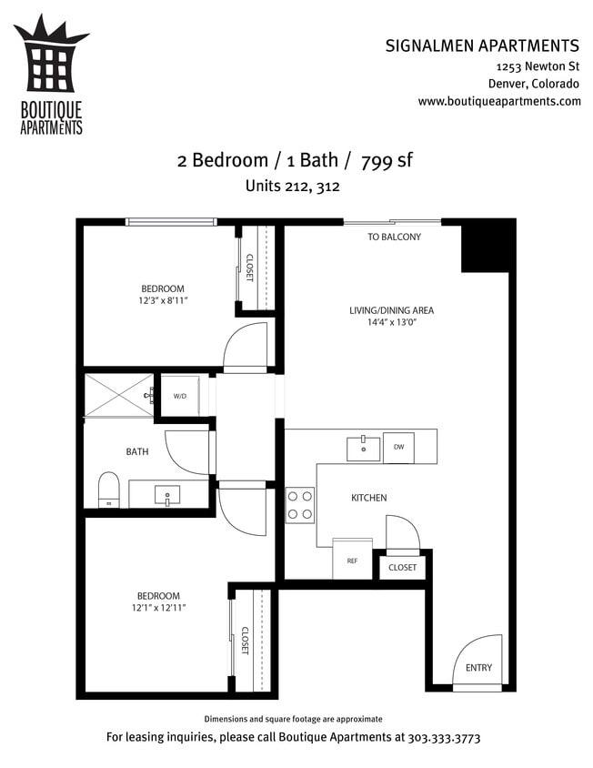 2BR/1BA 799sf - 2 Bedroom / 1 Bath