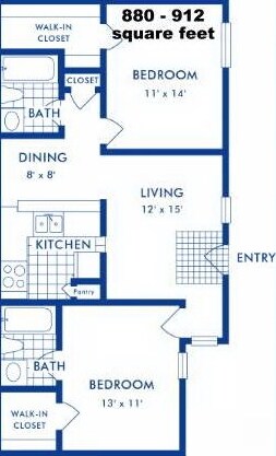2BR/2BA - 2x2 880 SF