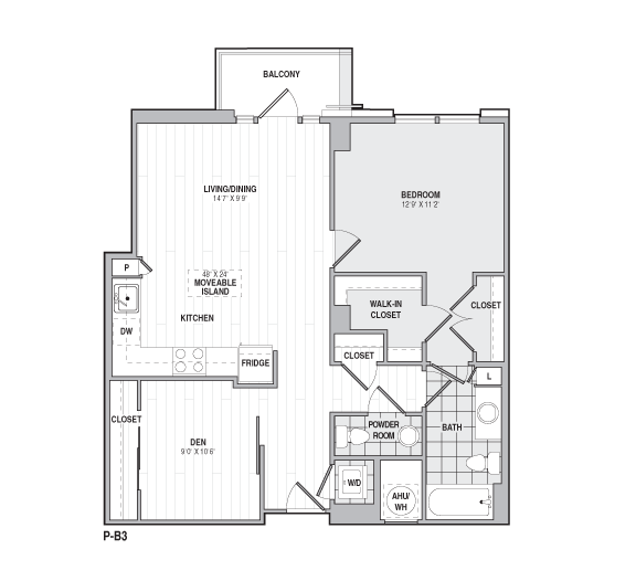 Floor Plan - 1Bed/1BathwDen-B3