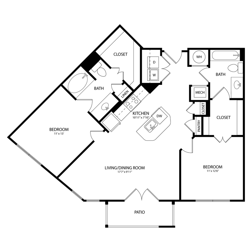 Floor Plan - 2 Bedroom, 2 Bath 1053 SF KC5