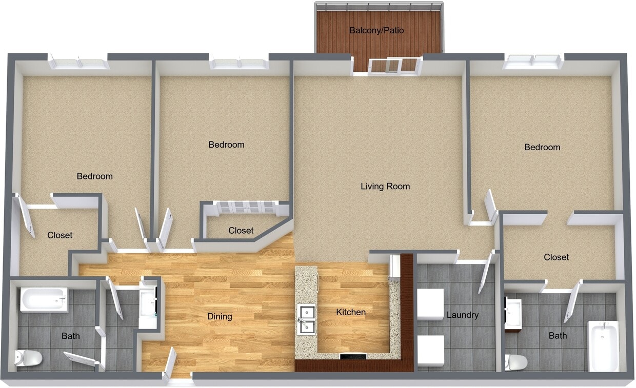 3BR, 2BA - 1272 SF - THREE BEDROOM