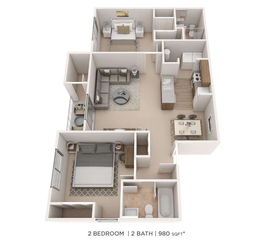 Floor Plan - Two Bedroom 2 Bath - 980 sqft
