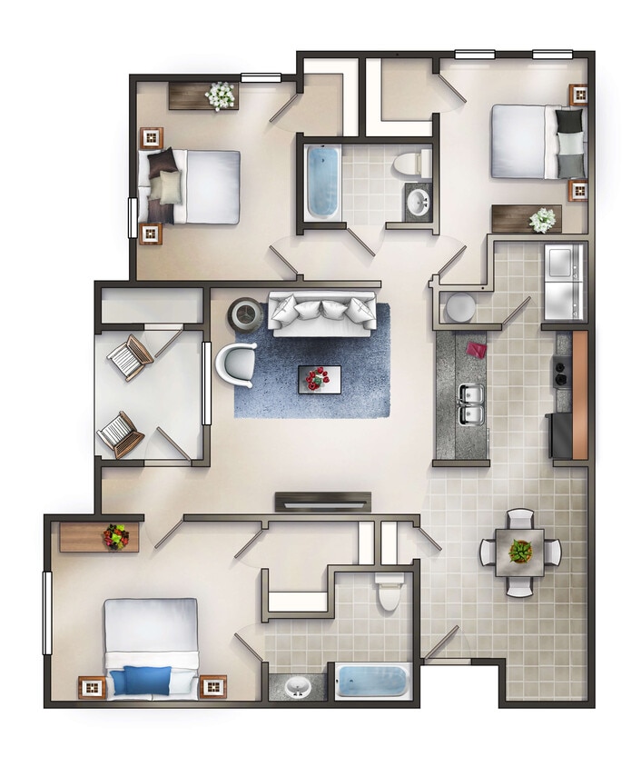 The Magnolia with Patio 3Bed 2Bath - Magnolia with Balcony