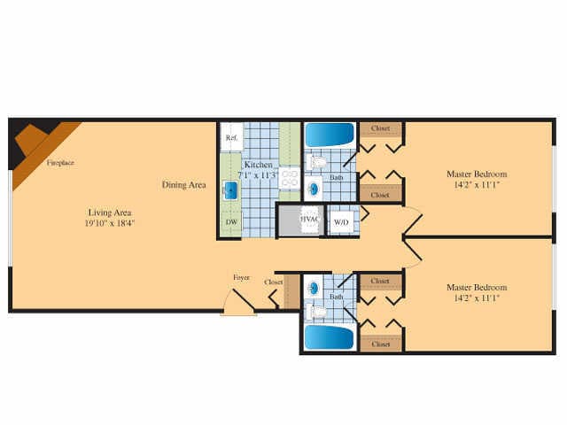2BR 2 BA E Floorplan 1087 - B2C
