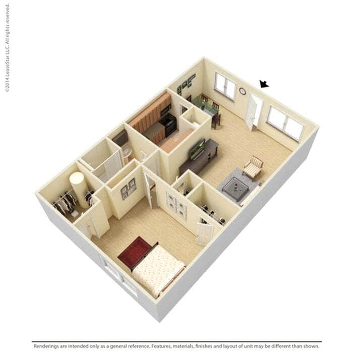 Charming 3D floor plan showcasing a 1-bedroom apartment with a cozy living space, modern kitchen, and stylish bathroom. - 1d1 - Kokomo