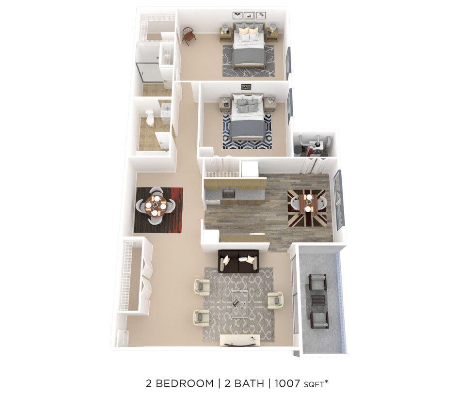 Floor Plan - Two Bedroom 2 Bath - 1,007 sqft
