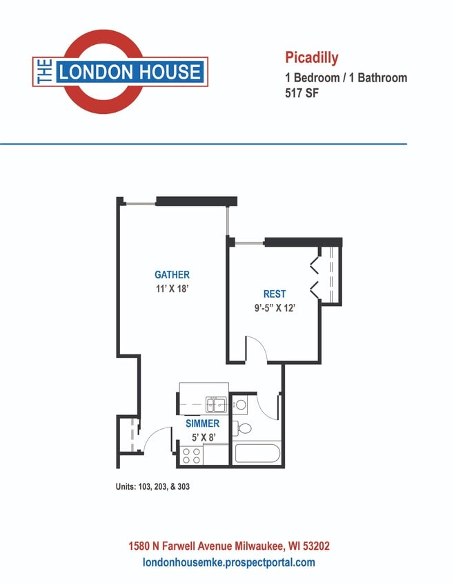 Picadilly - 1 Bed / 1 Bath - 517 SF - Picadilly