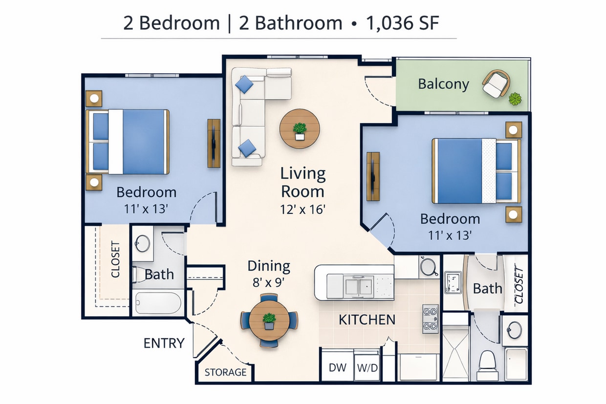 Caledon 2 BR 2 BA Floor Plan - 2 Bed 2 Bath - Silver