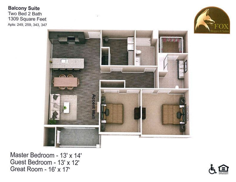 Floor Plan - Fox - 2 Bedroom, 2 Bath - 1309 Square Feet