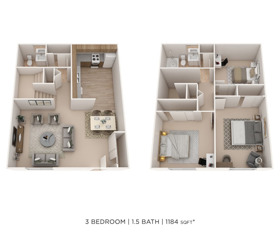 Floor Plan - Three Bedroom 1.5 Bath Townhome 1,184 sqft