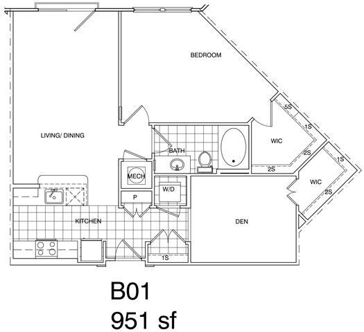 Floor Plan - 1 Bedroom + Den, 1 Bath 951 SF B1