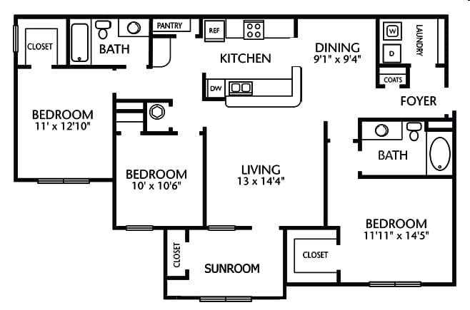 Three Bedroom, Two Bathroom with Sunroom - C2