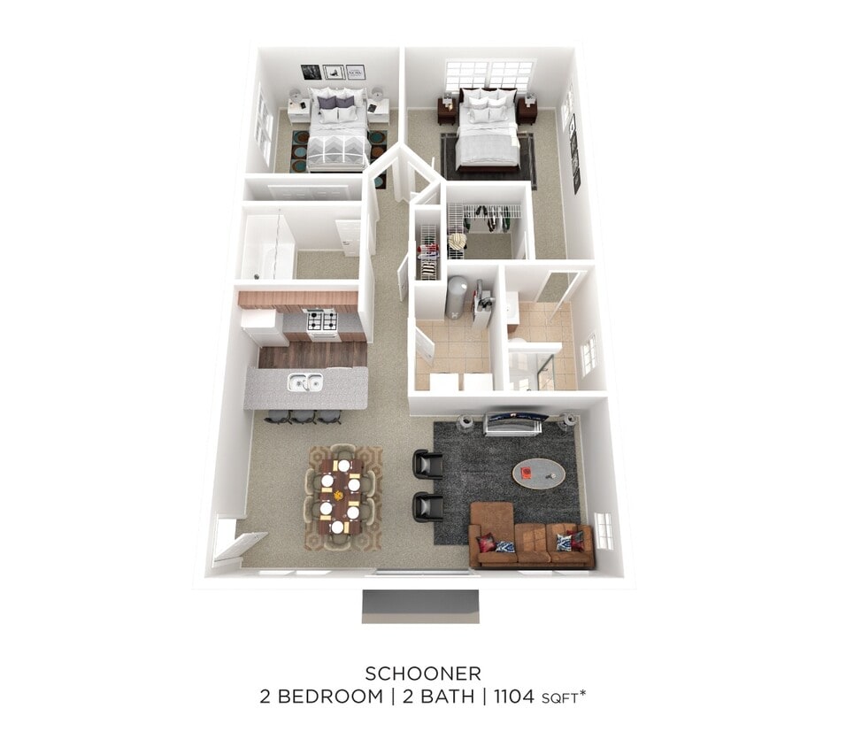Floor Plan - Two Bedroom 2 Bath - 1,104 sqft