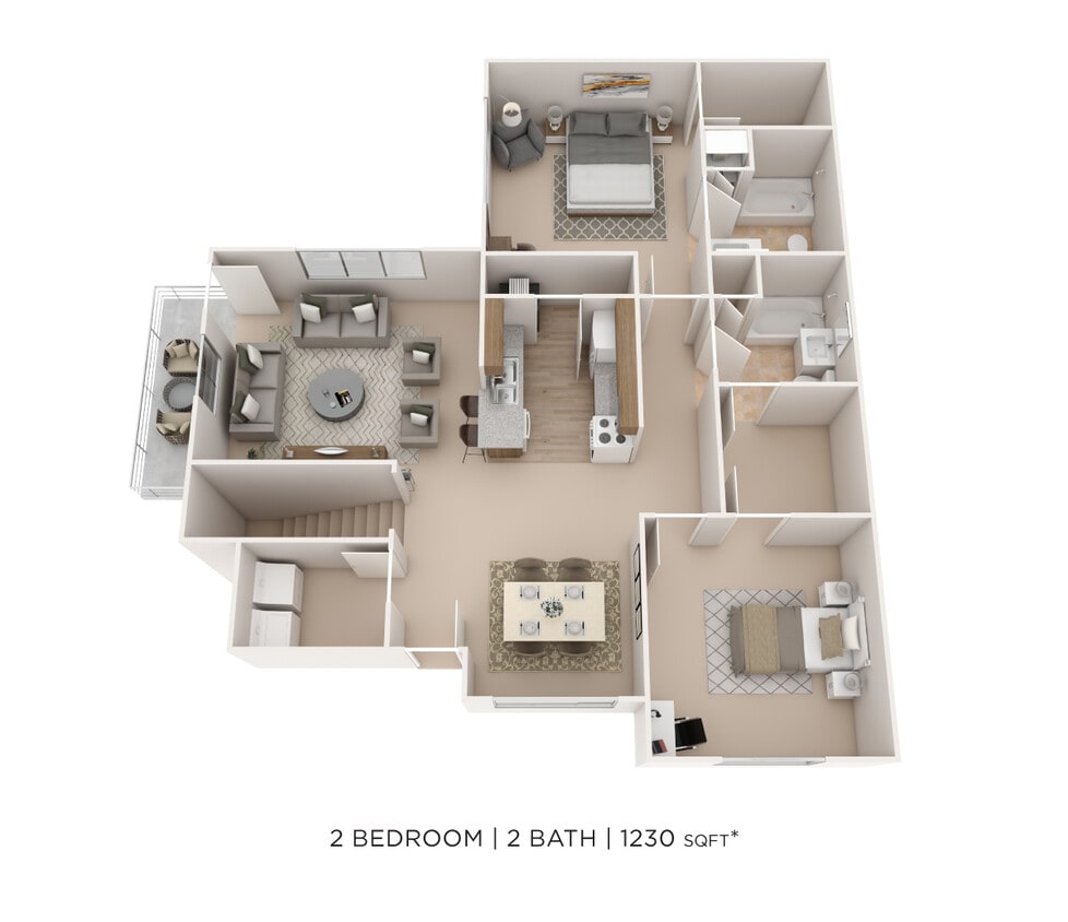 Floor Plan - Two Bedroom 2 Bath- 1,230 sqft