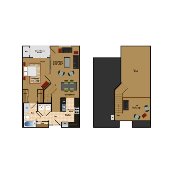 Floor Plan - 1 Bed + Loft, 1 Bath 858 SF AL3
