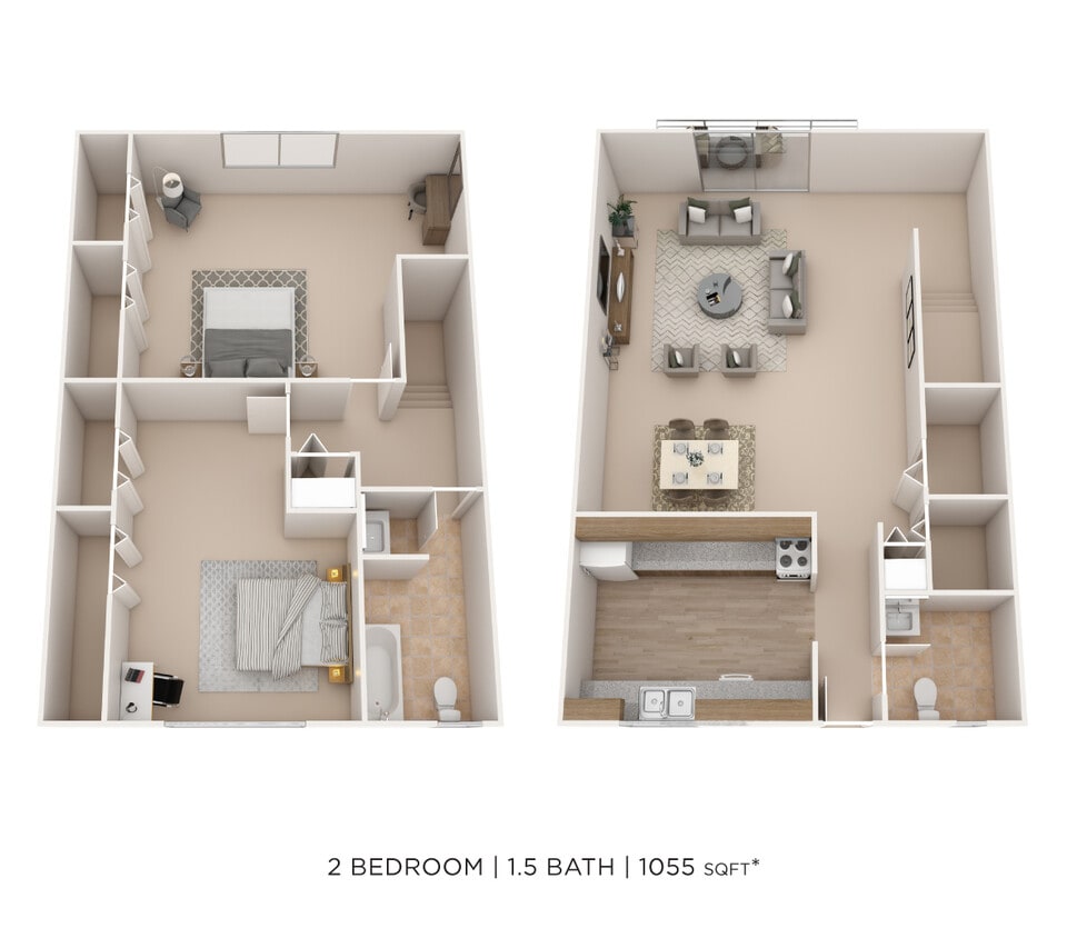 Floor Plan - Two Bedroom 1.5 Bath Townhome- 1055 sqft