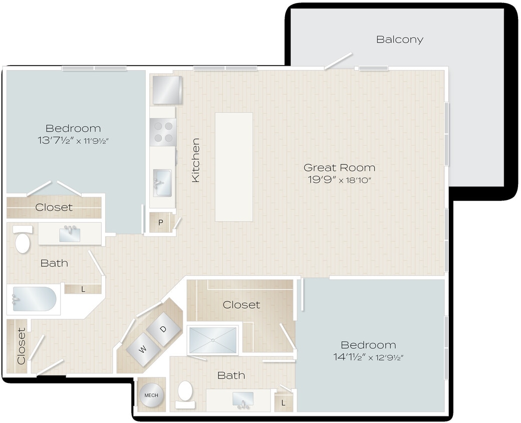 Traveler Floor Plan 2 bedrooms 2 bath with balcony 1,399 sq ft - Traveler