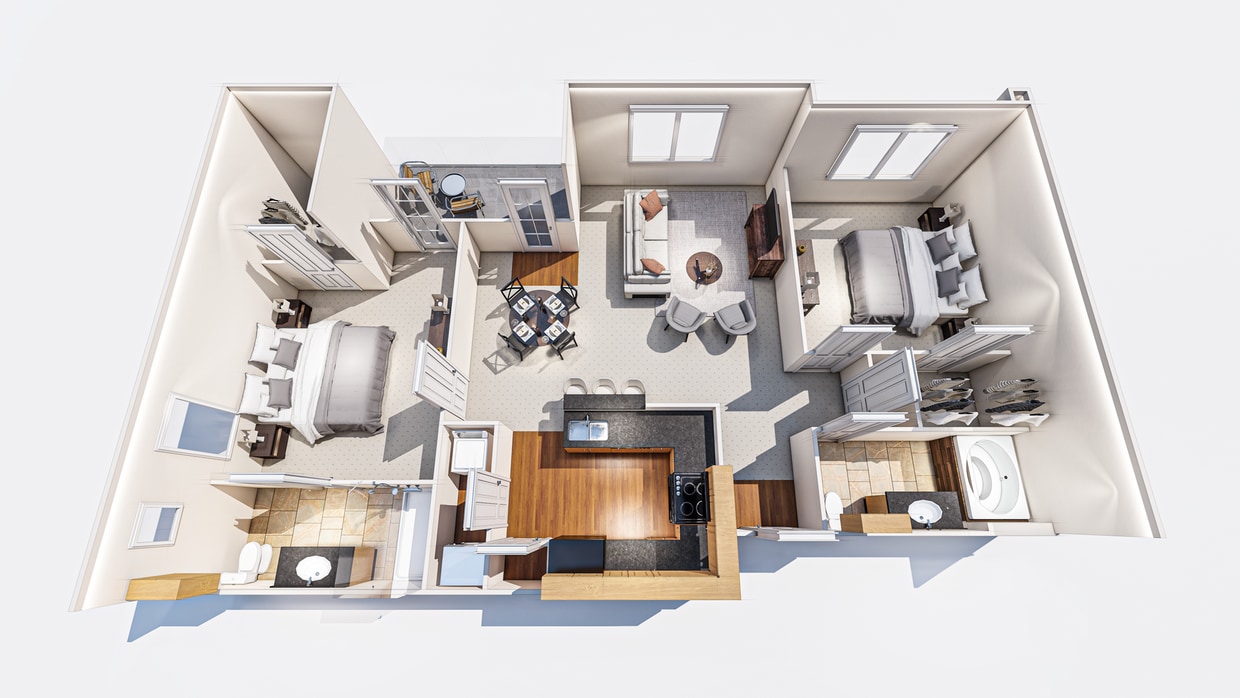 Explore the elegance of this two-bedroom apartment featuring an open-concept living space and a chic kitchen design. - B2