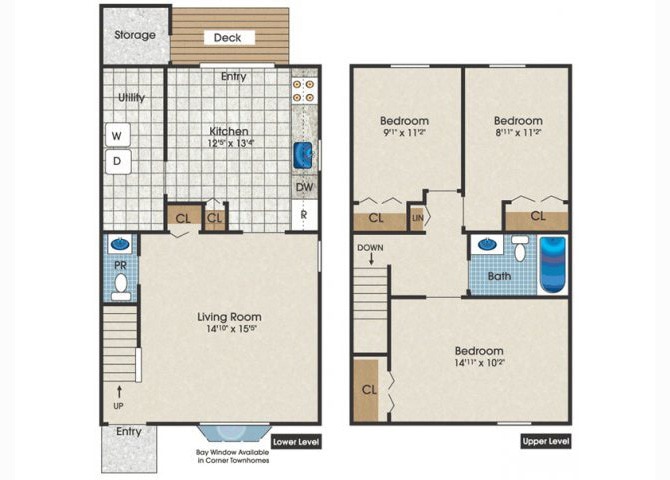 Floor Plan - 3 Bedroom 1.5 Bath Townhome