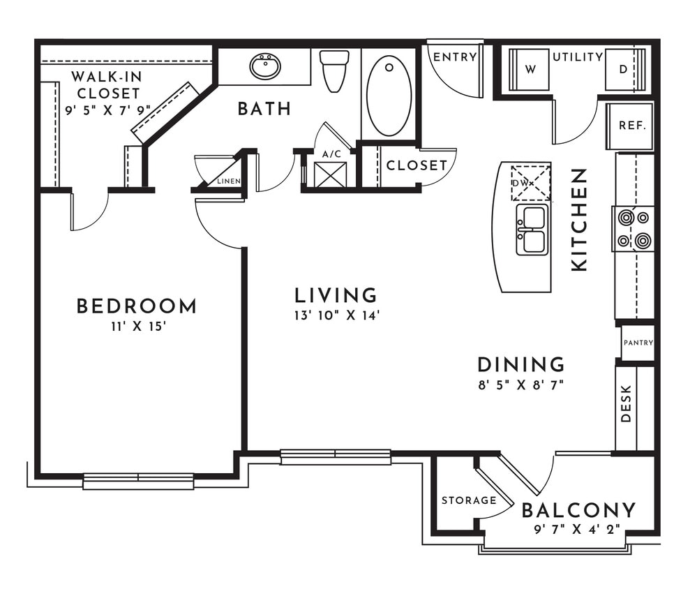 Floor Plan - 1BR 1BA (789 SF)