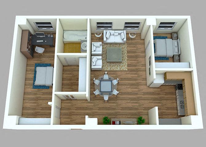 Floor Plan - 2 Bed, 1 Bath #303-703