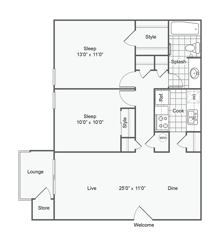 B1 | 2-Bedroom Floorplan - 2 Bed 1 Bath
