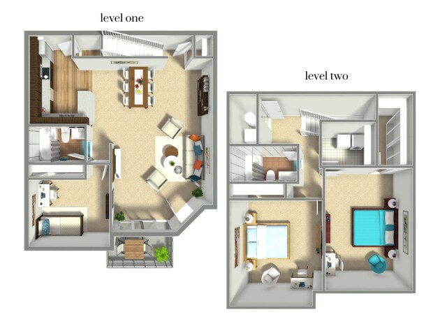 Chic two-level floor plan showcasing an inviting open-concept living area, modern kitchen, and three cozy bedrooms. - Elevated Honeysuckle Townhome