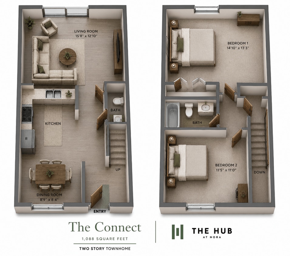 Floor Plan - Two Bedroom 1.5 Bath Townhouse - The Connect