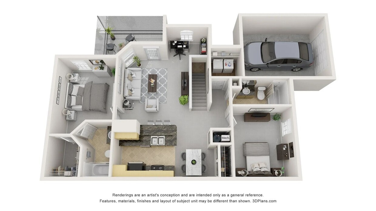 A 3D floor plan rendering of The Genova with Garage. - The Genova