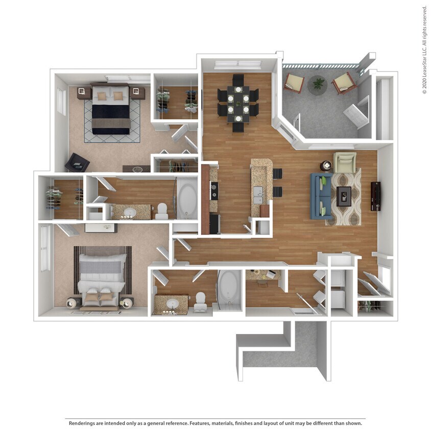 Floor Plan - 2 Bed 2 Bath 1273 SqFt (1154 Net)