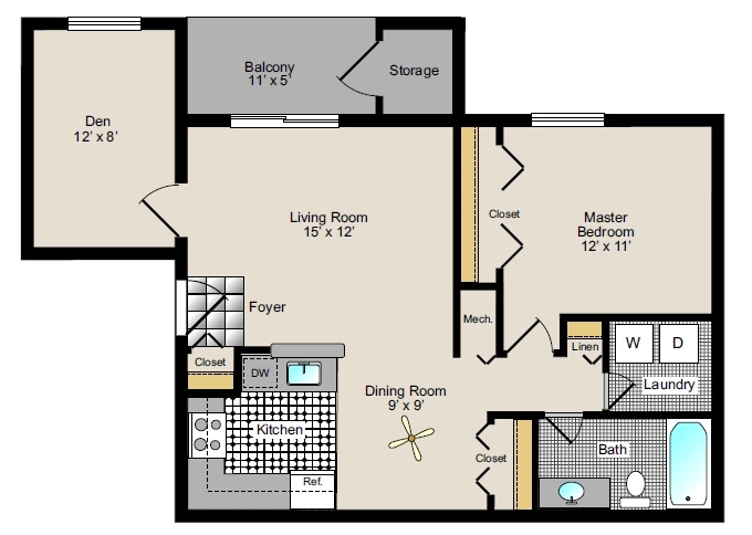 1BR/1BA - One Bedroom + Den
